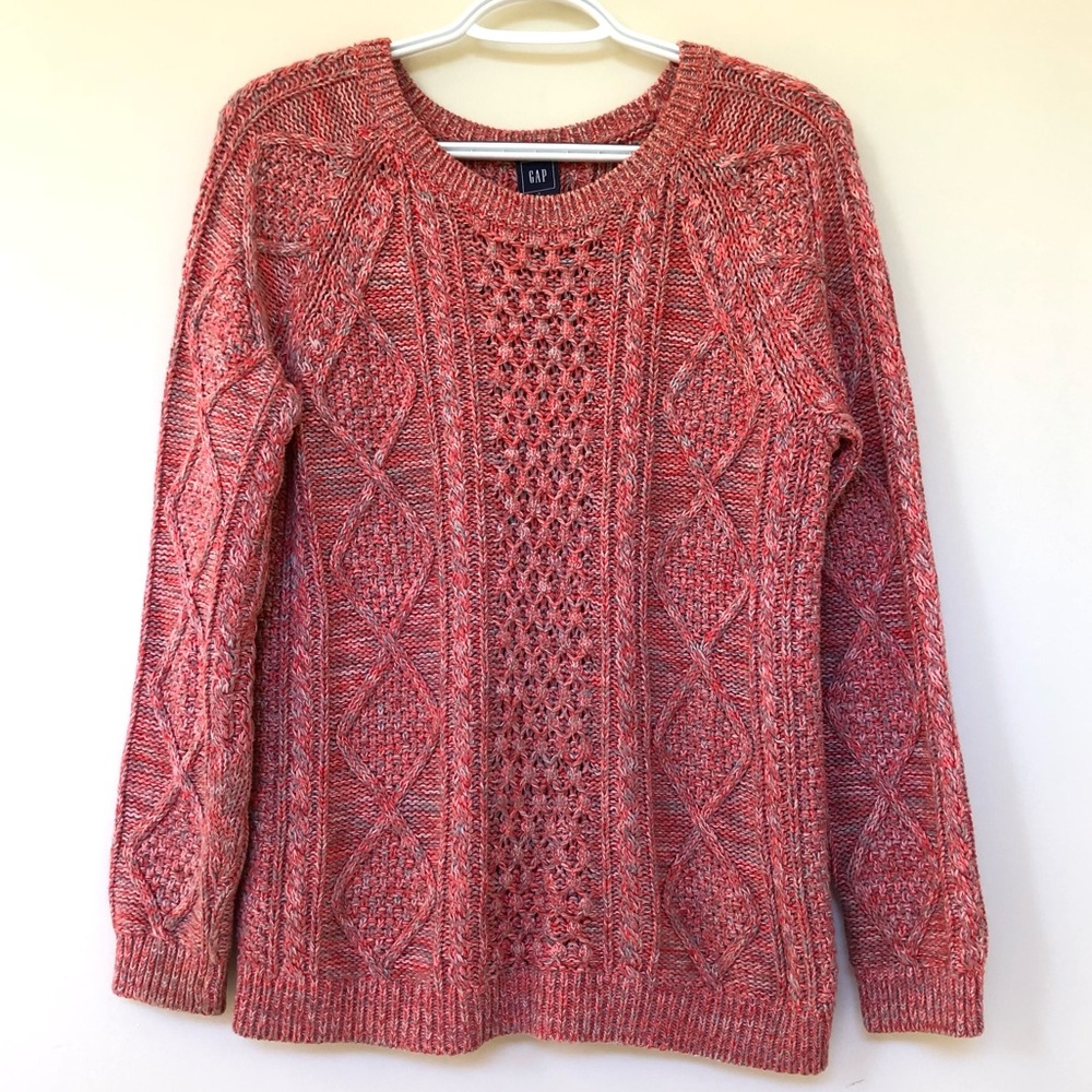 Gap ~ Chunky Crew Neck Pullover ~ 100% Cotton ~ Marled Pinky Coral Gray - Small